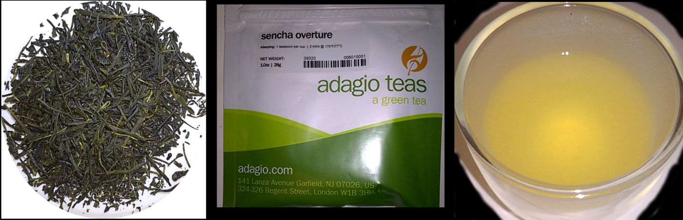Dry tea leaves, package, and teacup with tea liquor for the Sencha Overture loose leaf tea from Adagio Teas